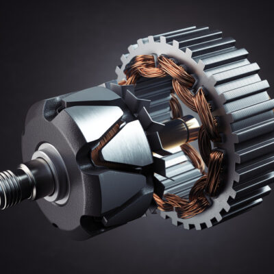 Rotor and stator of car alternator generator or electric motor on black.