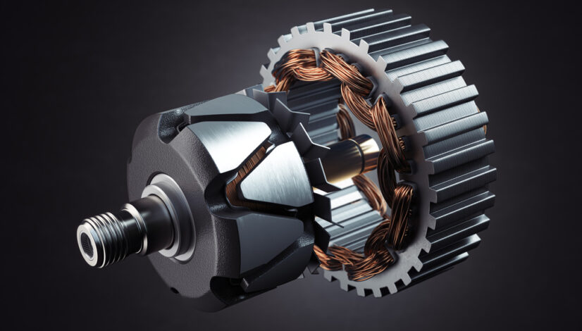 Rotor and stator of car alternator generator or electric motor on black.